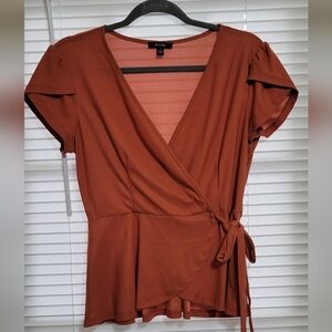 AUW Burnt Orange Wrap Short Sleeve Blouse